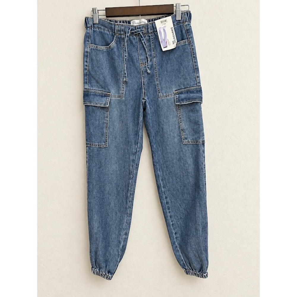 No Boundaries Womens Mid Rise Cargo Jogger Denim Jeans Dark Tint Wash XS 0-2